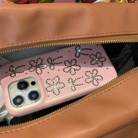 高級感 iPhone16pro/16ケース ダイヤデコ花/リボン iPhone15pro/14/13promaxケース ピンクレザー 上品 大人可愛い [M5385]