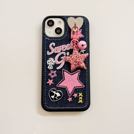 刺繡入り sweet girl iphone14/14promaxケース デニム お揃いアイフォン13/12/11カバー 星 可愛いプレゼントにおすすめ[M2251]
