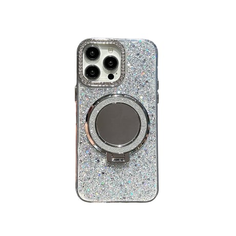 ミラースタンド付 iPhone17/16proケース ジュエリー/ラメ入り iPhone15pro/14/SEカバー  ダイヤストラップ 高級感[M5576]