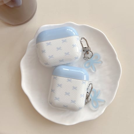 韓国っぽ Airpods 4/Pro3ケース リボン柄 Airpods 3カバー  AirpodsPro2/1  キーホルダー付 お洒落 光沢感 [M6067]