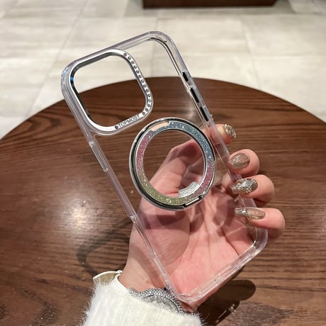 高級感 iPhone16pro/16ケース ラメ入り虹色リングスタンド iPhone15promax/14proカバー ジュエリーデコ 高透明高品質 [M5275]