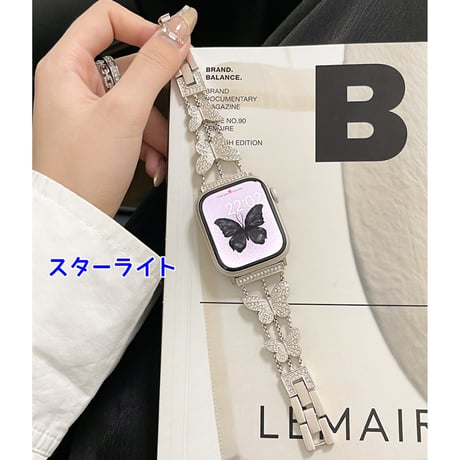 ジュエリー蝶 AppleWatchバンドSeries 10/9/8 高級感 AppleWatchベルト 10 Ultra3/2/1 SE3/2/1高品質 エレガントキラキラ[M5647]