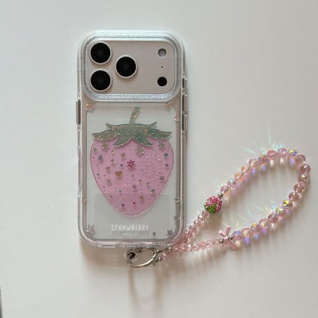 ダイヤストロベリー iPhone17pro/17ケース キラキラ感 iPhone16promax/15proケース オシャレストラップ 女子力高い[M5978]