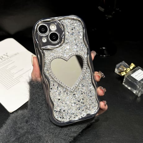 うねうね 鏡付 iPhone15/15Proケース キラキラグリッター iPhone14/13Pro/12ケース きれい 便利 丈夫 [M3911]