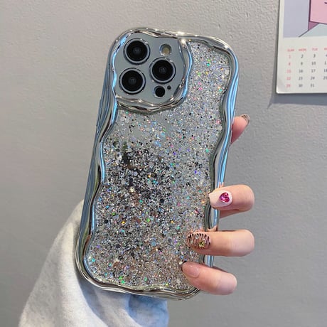 グリッター うねうね iPhone15pro/15promaxケース リボングリップ付き iPhone14pro/13promaxケース シルバー高級感 [M4262]