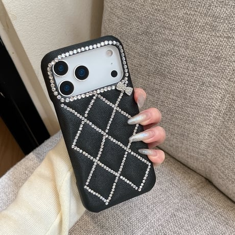 高級感ビジュー iPhone17Pro/17ケース キルティングデザイン 菱形 iPhone16/15promax/14/13proカバー ダイヤリボン 上品 オトナ可愛い [M6034]