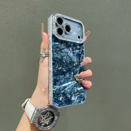 シェル柄 iPhone17/17Proケース ダイヤレンズカバー 美しい iPhone17ProMax/16/15ケース キラキラ感  [M6166]