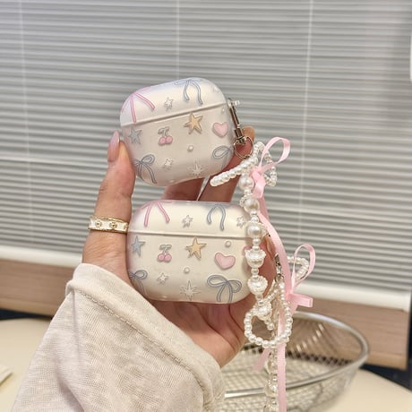 指紋防止マット仕上げ Airpods Pro3ケース リボン柄 Airpods 4/3カバー  AirpodsPro2/1  パールリボンキーホルダー 可愛すぎ[M6336]