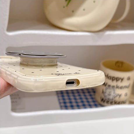 黒花グリップ iPhone15/15proケース 水玉模様 iPhone14/13proカバー かわいい 韓国風[M4512]