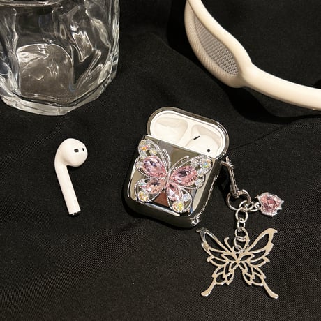 春夏におすすめ Airpods4ケース ダイヤ蝶  Airpods3/Pro2ケース airpodspro2カバー  蝶キーチェーン付 女子力高い メッキ[M5125]