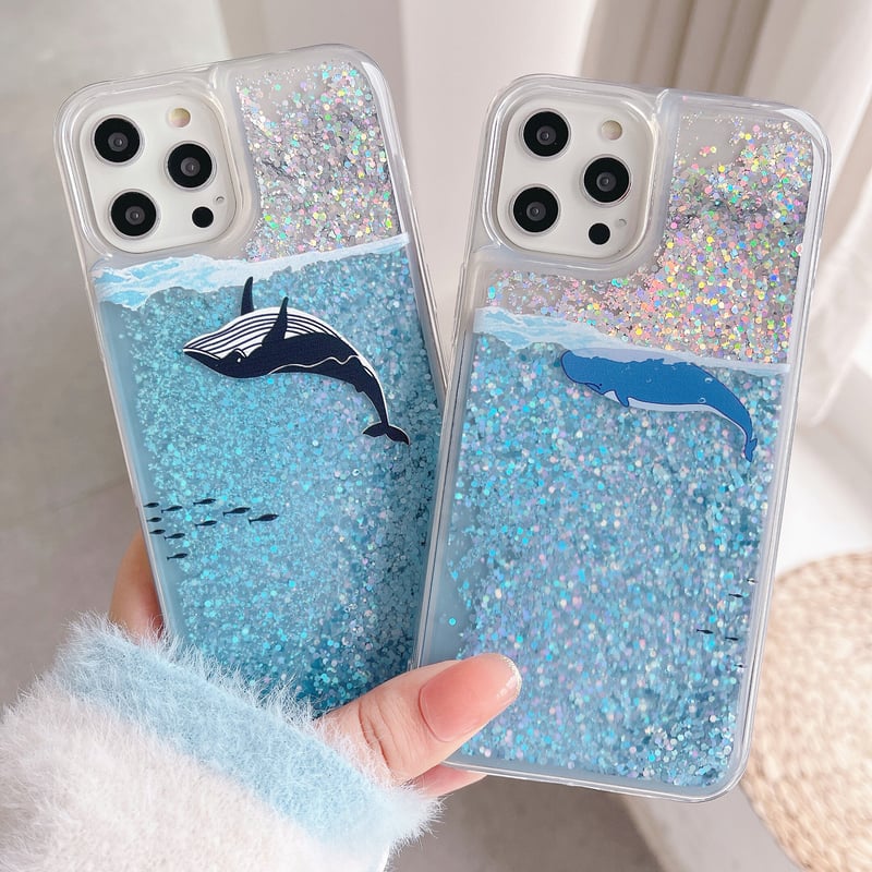 液体 サメ iPhone15/14proケース 流れるグリッター iPhone13mini/1