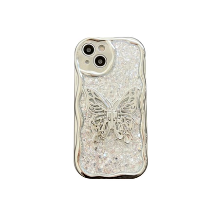 うねうねキラキラ iPhone15Pro/15カバー 蝶スタンド付 アイフォン14プロ/13mini/12promaxケース グリッター入り 便利 [M4245]