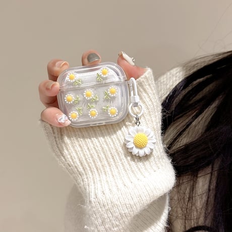 草花 Airpods 4ケース ラメ入り 透明 Airpods3/2カバー Airpodspro2/pro  花キーホルダー付き 女子力高い[M5038]