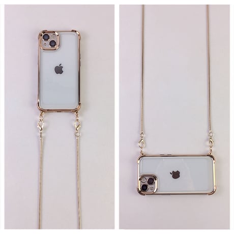 ショルダーチェーン付 iPhone16Pro/17ケース 四角耐衝撃 iPhone16ProMax/15Pro/14カバー メタリックゴールド高級感 丈夫[M5526]