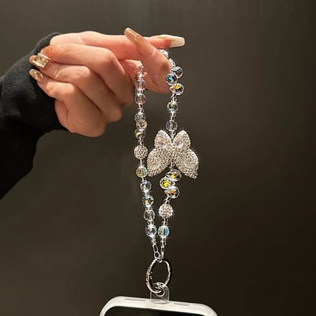 ジュエリー蝶 スマホストラップ 上品 キラキラ Airpodsアクセサリー キーホルダー 女子力アップ 高級感おしゃれ iphone、AQUOS、Galaxyなど全種類対応 [M5050]
