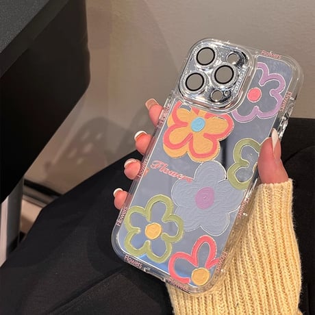 花柄 鏡 iPhone15/15proケース レンズフイルム付 iPhone14/13pro/12ケース 女子力アップ 便利 頑丈[M4157]