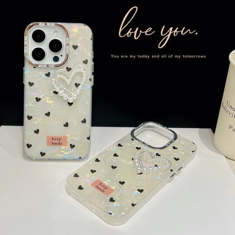 パールハート iPhone15/15proカバー シェル風 iPhone14pro/13pro/12proケース かわいい キラキラ 女子 ギフトに最適[M4079]