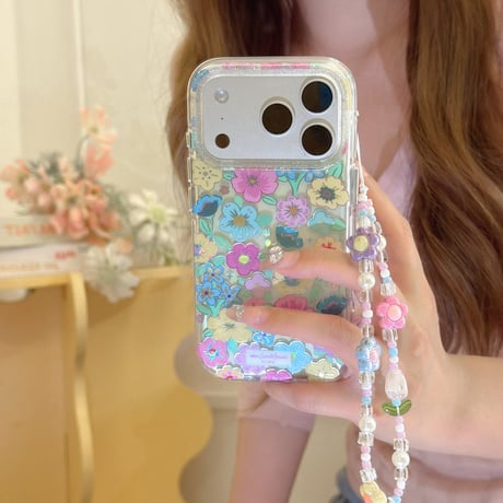 カラー花 iPhone17pro/17ケース キラキラ感 iPhone16promax/15proケース 花ストラップ 女子力高い[M6214]