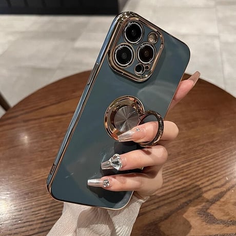 リング付 iPhone15/15plus/15proケース メッキ スタンド機能 iPhone14/13/12proカバー 光沢感 耐久性[M3558]