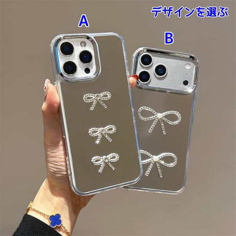 ジュエリーリボン 鏡 iPhone17Pro/17ケース 光沢感 iPhone Air/17Promax/16カバー 大人可愛い 頑丈 [M5757]