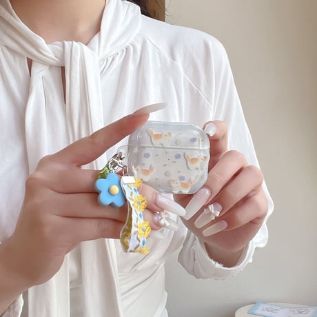 猫ちゃん花柄 Airpods Pro3ケース 刺繍花のストラップ Airpods 4/3カバーケース AirpodsPro2/1  可愛い ギフトに合う [M6185]