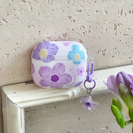紫の花 Airpods 4ケース エレガント Airpods3/Pro2ケース airpodspro2カバー  女子力UP 花キーチェーン付 大人可愛い[M5238]