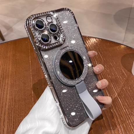 リングスタンド付鏡 iPhone16/16Proケース  ダイヤデコ iPhone15/14Pro/13カバー 大人可愛い キラキララメ[M5027]