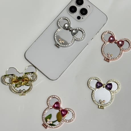 ジュエリーミラースタンド スマホリング キラキラ リボン お洒落 人気 実用便利 可愛いガールズに大人気[M5326]