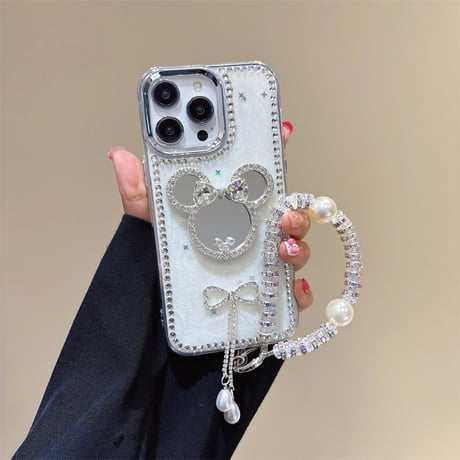 ダイヤリボン鏡 アイフォン16/16プロケース ジュエリーデコ iPhone15pro/14/13proカバー 大人可愛い パールストラップ 高級感[M5482]