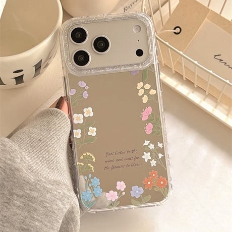 花柄ミラー iPhone17pro/17カバー リボンキーホルダー iPhone16/15proケース 可愛い 女子力高い[M6157