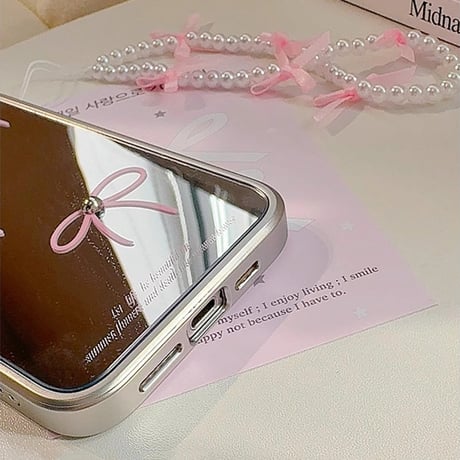 リボン 鏡 iPhone16pro/16ケース パールストラップ iphone15pro/14/13proカバー 大人可愛い ピンク 便利[M5159]
