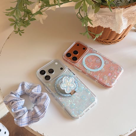 ブルー花リングスタンド iPhone17/17Proケース MagSafe対応 iPhone16Pro/15/14ケース 可愛い便利 甘めコーデ [M6434]