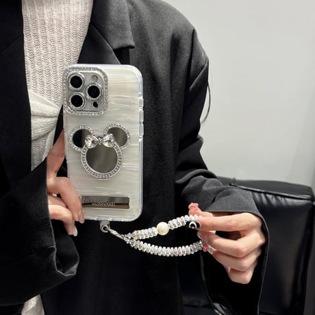 ダイヤ鏡スタンド iPhone17/17proケース シェル柄 iPhone16pro/15/14proカバー レンズカバー ストラップ 多機能高級感 [M5622]