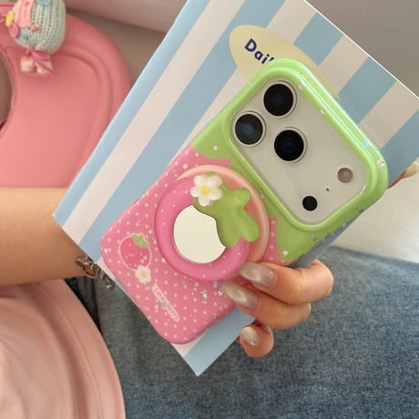 ストーベリーミラーグリップ iPhone17pro/17ケース MagSafe対応 iPhone16pro/15ケース 美味しそう 可愛い[M6006]