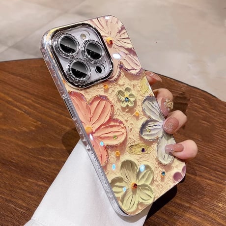 かわいい iPhone16/15pro/15promaxケース 花柄 レンズ保護 キラキラ光る 綺麗iphone14/13/12proカバー [M3533]