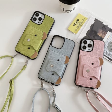 クマちゃんカード入れ iPhone15/14proケース 革製 アイフォン13/12mini/11カバー 肩掛けストラップ 高品質シック 11色[M3417]