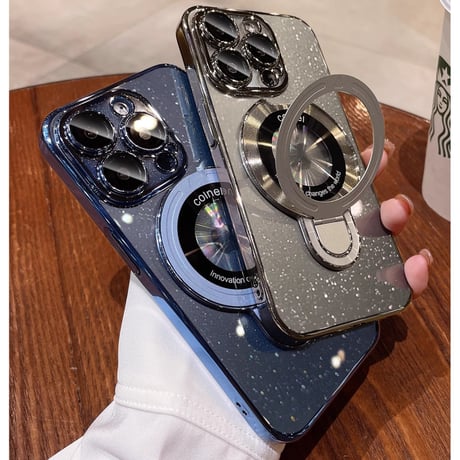 Magsafeスタンド キラキラiPhone17/16Proケース おしゃれ透明 アイフォン15Pro/14pro/13/12カバー 黄ばまないメッキ レンズカバー 丈夫[M4695]