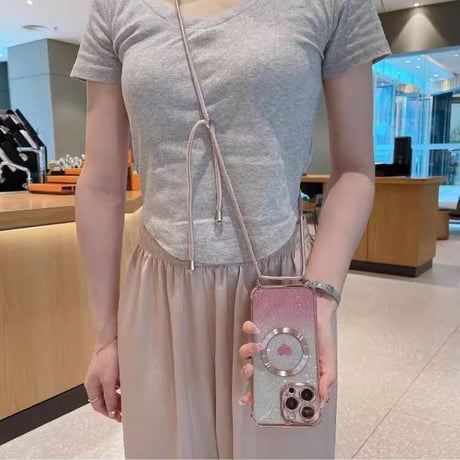 ショルダー iPhone16/15proケース MagSafe対応 ハート柄 キラキラ iphone 14/13/12カバー ラメいりシート付[M3574]