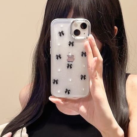 金属リボン iPhone16/15proケース パール iPhone14/13pro/12クリアケース かわいい 女子力高い[M4440]