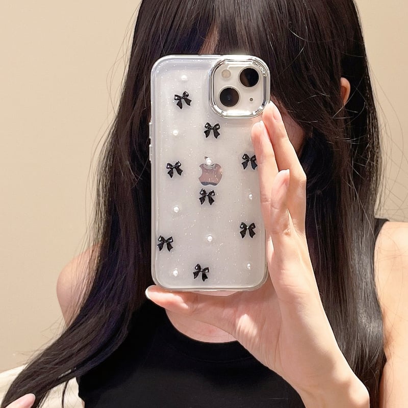 金属リボン iPhone16/15proケース パール iPhone14/13pro/12クリ