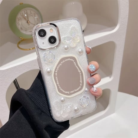 女子力アップ ミラーiPhone15/15proケース パール/蝶デコ iPhone14/13pro/12ケース かわいい きれい[M4357]