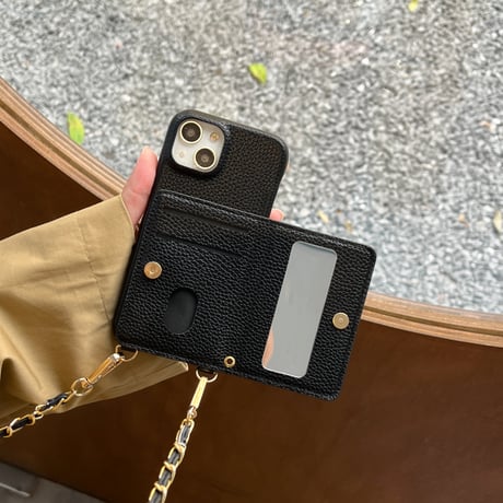 鏡カード入れ付 iPhone15/15Proケース ショルダーストラップ付 レザーiPhone14Pro/13proカバー シンプル 高品質 [M3719]