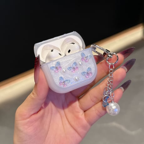 かわいい蝶々 Airpods 4ケース パールキーホルダー付 かわいい Airpods3/Pro2ケース airpodsproカバー 頑丈 ガーリーファッション[M5272]