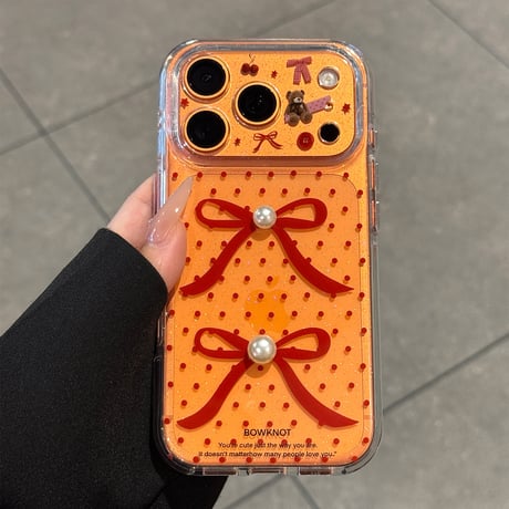 パールリボン iPhone17Pro/17ケース 熊ちゃんカメラカバー iPhone17ProMax/16Pro/15カバー 水玉模様 可愛すぎ [M6046]