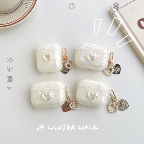 【Airpods4】キラキラハート AirpodsPro2ケース 貝殻紋 airpods3/2/1ケース  オシャレハートアクセサリー付 ソフト ギフトに最適 [M2595]