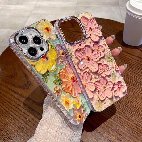 油絵花 iPhone15/15proケース キラキラ レンズフィルム付き iphone14/13/12proカバー きれい 女子力アップ[M3848]