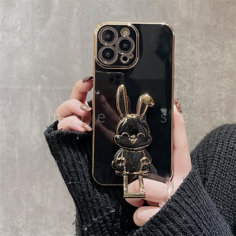 ウサギリングスタンド iphone14/15proケース  メッキ アイフォン13mini/12proカバー お洒落 多機能 便利ファッション[M2682]