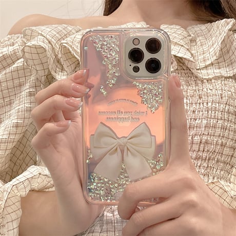 動くダイヤ iPhone15/15proケース リボン柄 iPhone14/13pro/12ケース 女子力アップ 可愛い 人気[M4126]