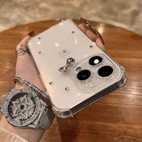 ダイヤリボン iPhone16/16Proケース 四角耐衝撃 iPhone15/14/13/12Proクリアカバー シンプル ハンドメイド ガーリーファッション [M5045]
