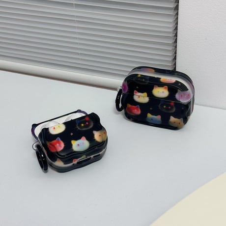 ネコちゃん AirpodsPro3ケース ブラック Airpods4/3カバー AirpodsPro第2/1世代  リングも付き かわいい[M6532]